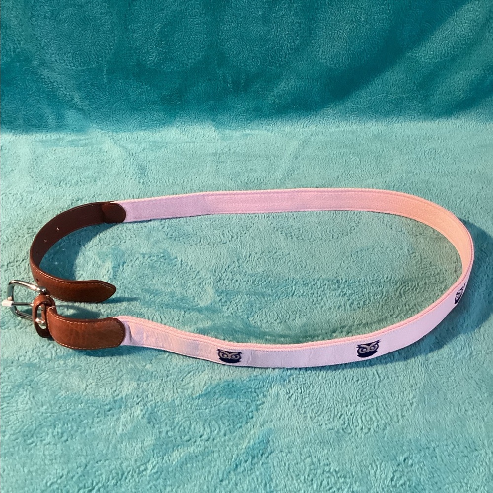 Men's Pink Canvas & Brown Leather Belt with silver buckle.  Owl emblems. Size 44